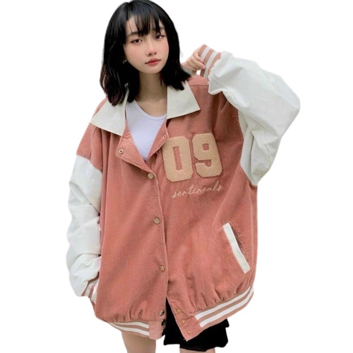 Áo khoác nhung tăm cổ bẻ 2 lớp thêu số 09 , áo khoác bomber unsiex nam nữ thời trang