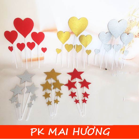 Trang trí bánh sinh nhật, bánh kem cho bé trai bé gái - set cắm 7 sao - 7 tim nhũ