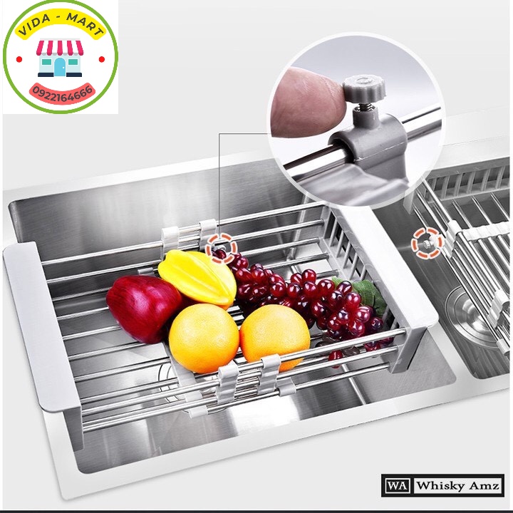 Kệ inox gác bồn rửa chén đa năng điều chỉnh kích thước/ rổ inox 304 đa năng úp cho chậu rửa bát- khay đa năng
