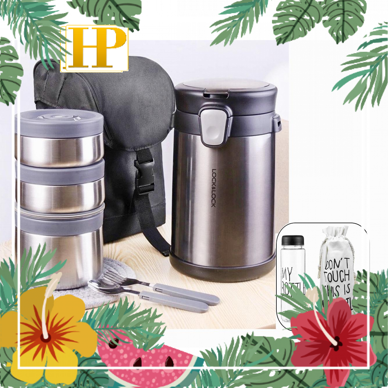 Bộ hộp cơm giữ nhiệt easy take lunch box lock&lock lhc8034 kèm bình đựng nước và túi vải tiện lợi
