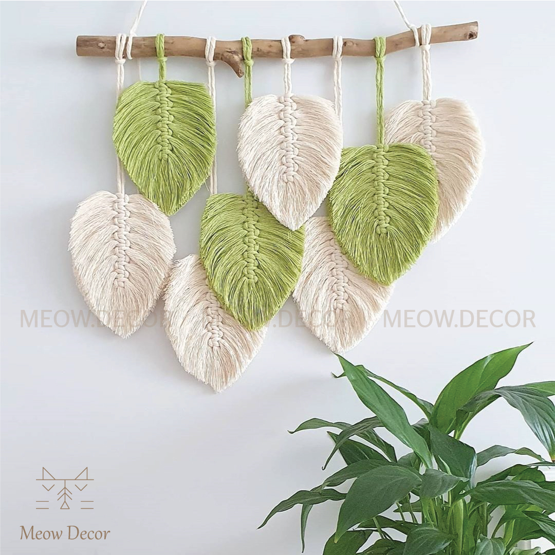 Mành macrame lá phối 2 màu xinh xắn treo tường trang trí phòng ngủ, homestay, quán cafe (W59)