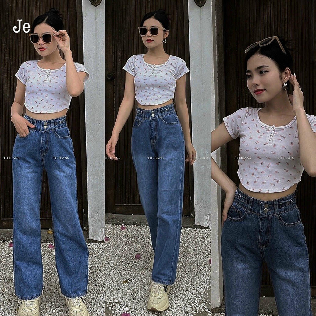 Quần jean ống rộng nữ (VN Xuất Khẩu) màu xanh đậm lưng siêu cao, Quần jeans ống xuông đứng nữ mẫu mới siêu hot PinKy79shop bg14