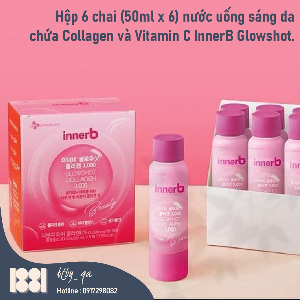 Hộp 6 chai nước uống chứa Collagen Vitamin C sáng da InnerB Glowshot.