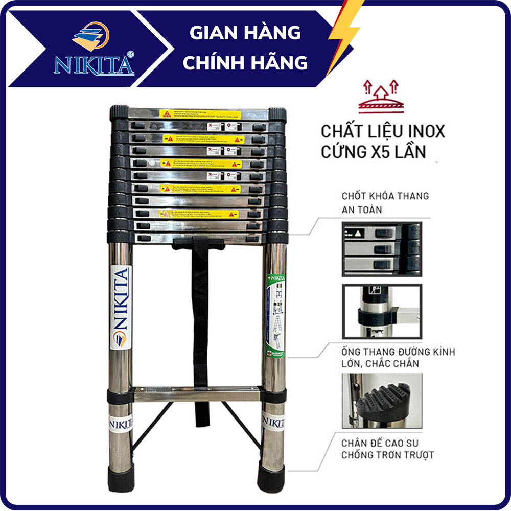Thang inox rút đơn xếp gọn 2,6m - 5.9m gấp gọn - chính hãng nikita - chịu lực tới 150kg