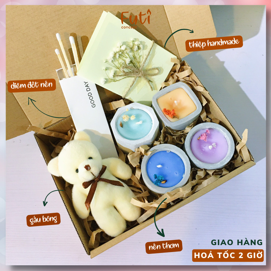 Hộp quà nến thơm và gấu, set quà nến thơm tặng người yêu 8/3 Gấu Box