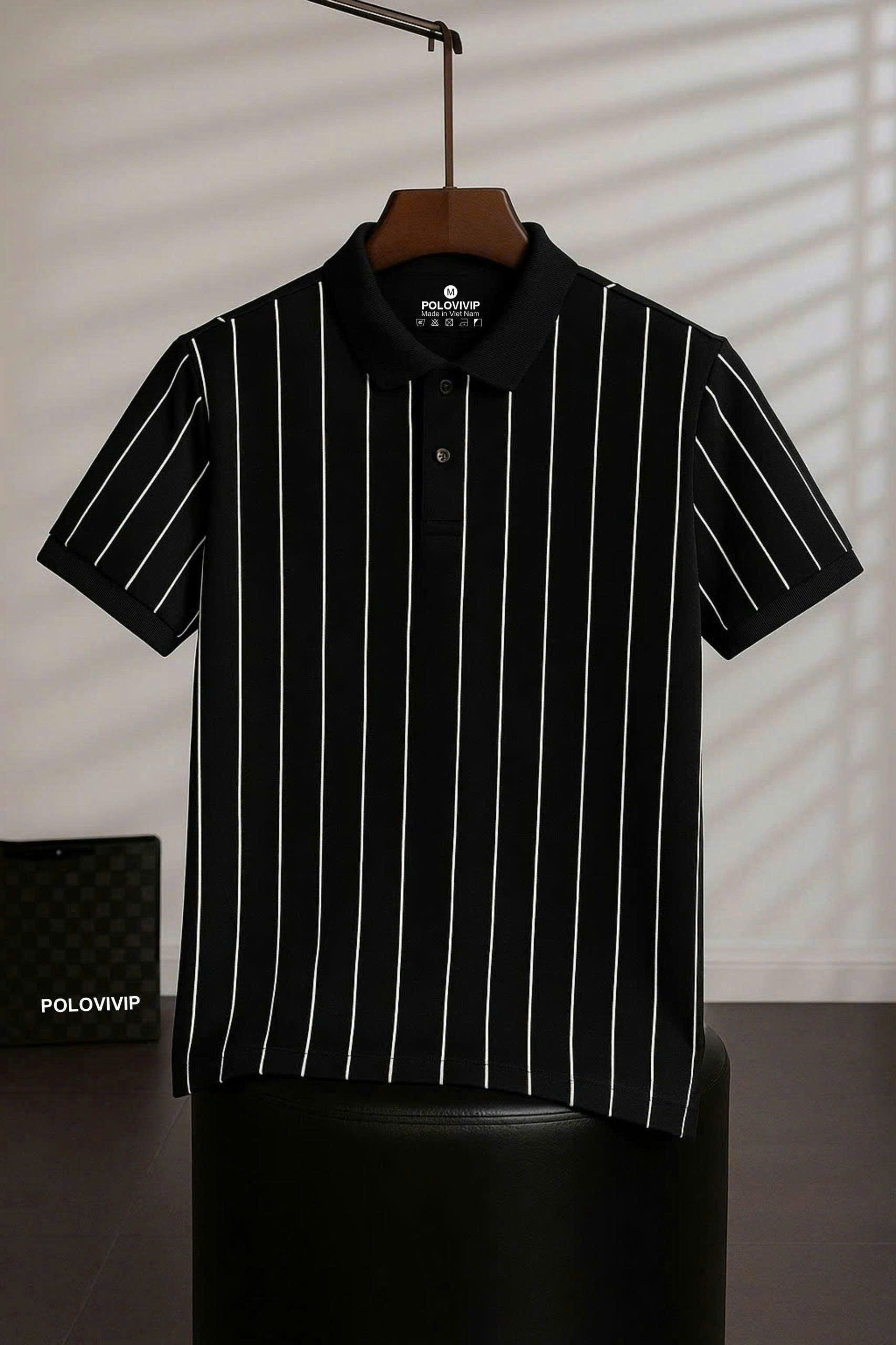Men's Polo Shirt with Vertical Stripes Printed Polovivip - Soft, Smooth, Cool Crocodile Material, 4-Way Stretch, Anti-Wrinkle. - 1