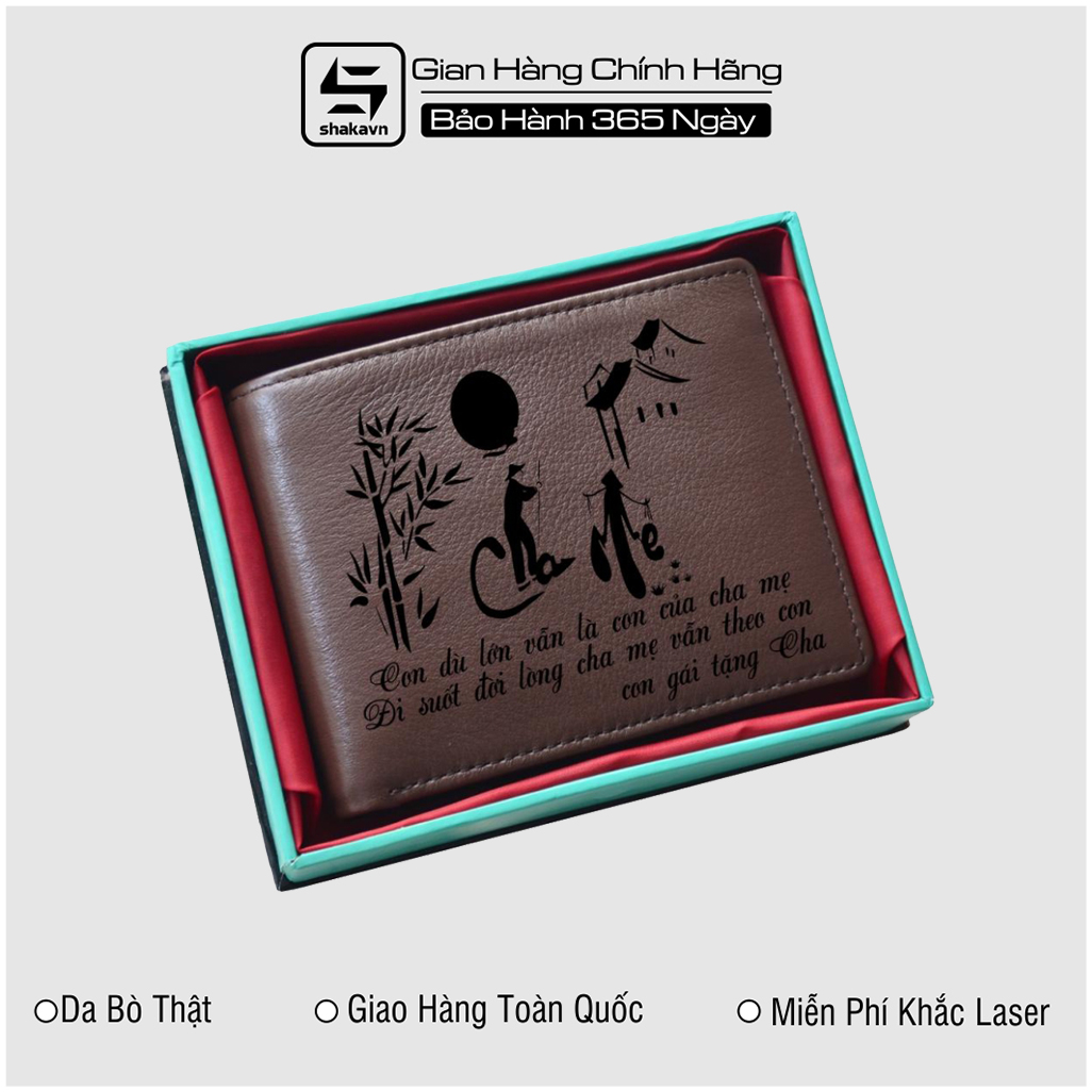 Ví Da Bò Khắc Công Ơn Cha Me Shakavn SK1222N (màu nâu đất)