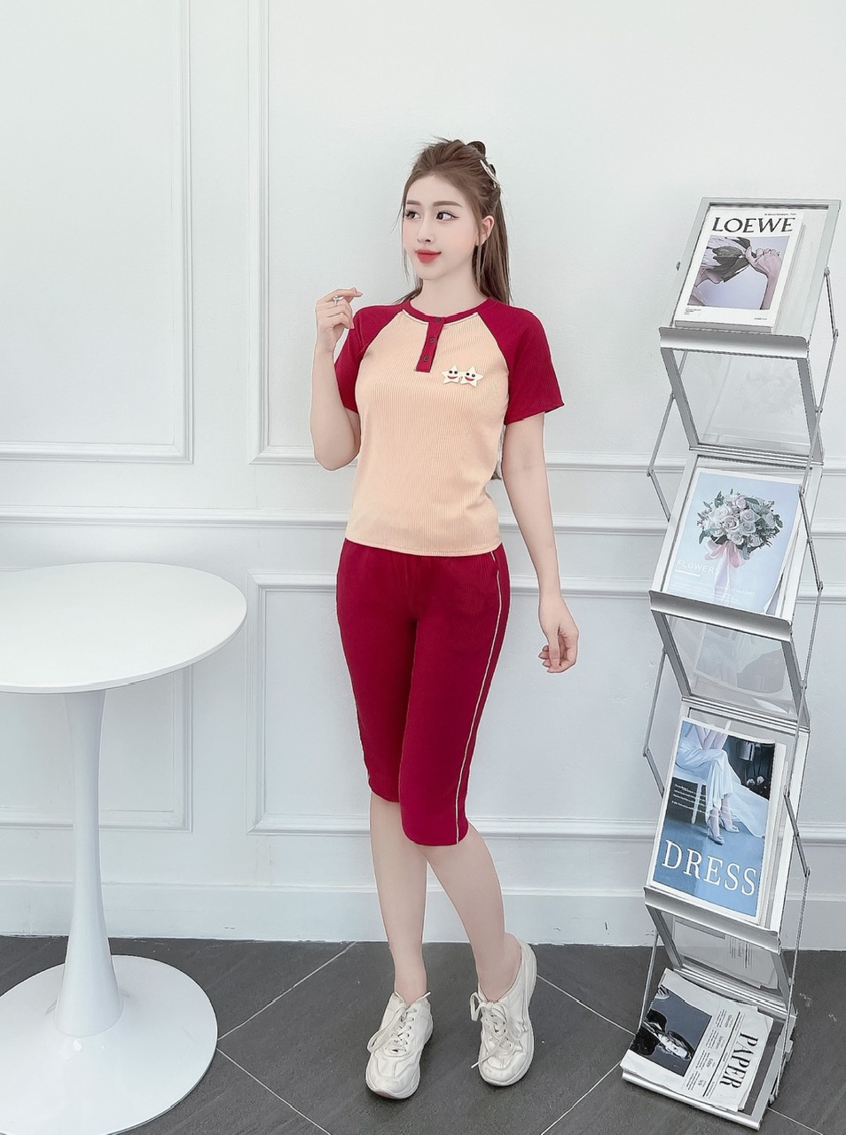 Set bộ nữ thun gân tăm quần lửng mặc nhà siêu dễ thương