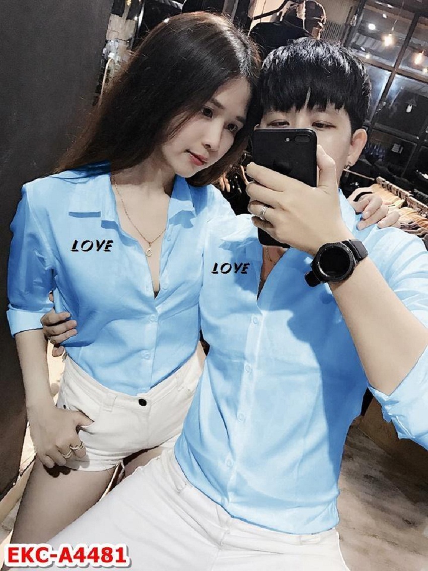 Áo sơ mi đôi nam nữ love in họa tiết love dễ thương giá ưu đãi.