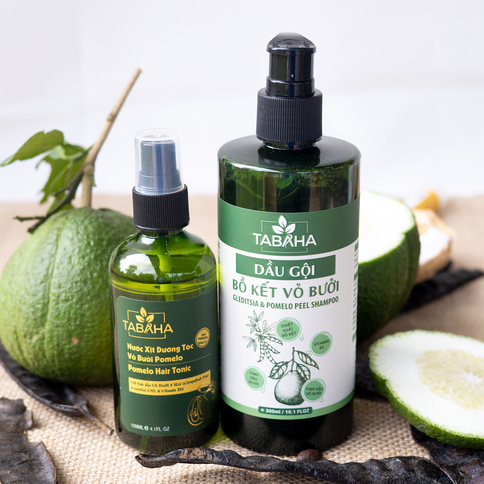 Bộ dầu gội Bồ Kết Vỏ Bưởi Tabaha300ml và xịt dưỡng tóc tinh dầu bưởi Pomelo Tabaha 120ml