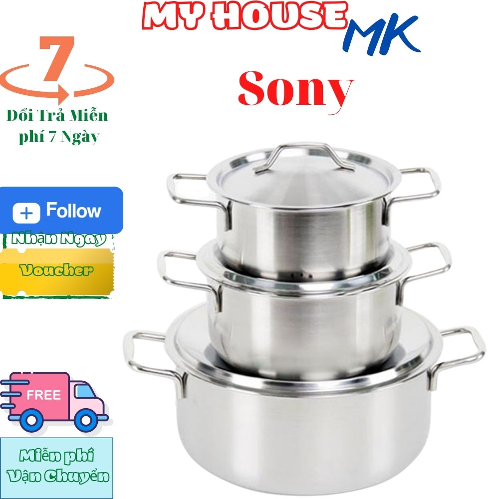 bộ 3 nồi inox nấu được bếp từ và hồng ngoại- bộ 3 nồi sony chính hãng cao cấp chất liệu inox dày và vung kính cường lực chịu lực qua đập mạnh.