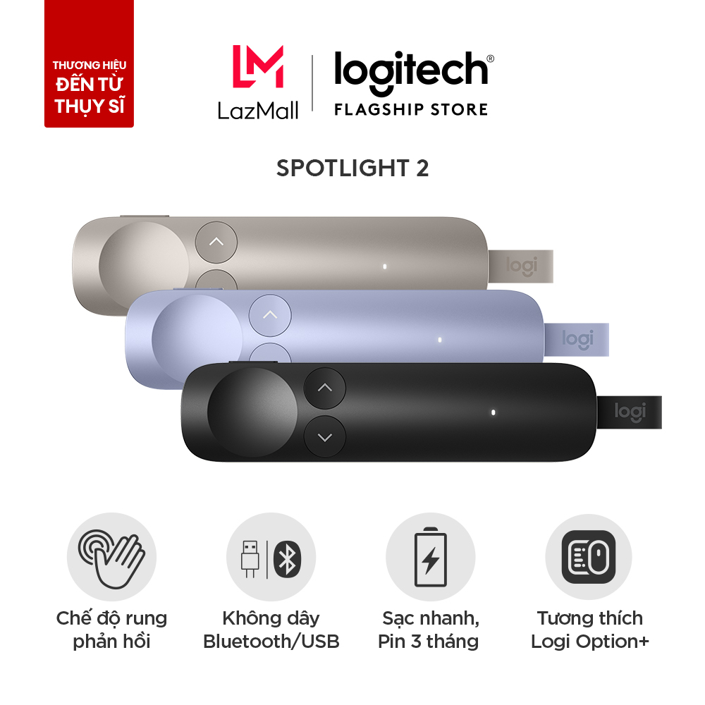 [Siêu sale 10.7- Giảm 40%]Thiết bị trình chiếu Logitech Spotlight 2 - Phản hồi xúc giác, tùy chỉnh, con trỏ laser, Sạc nhanh, Bluetooth & USB-C