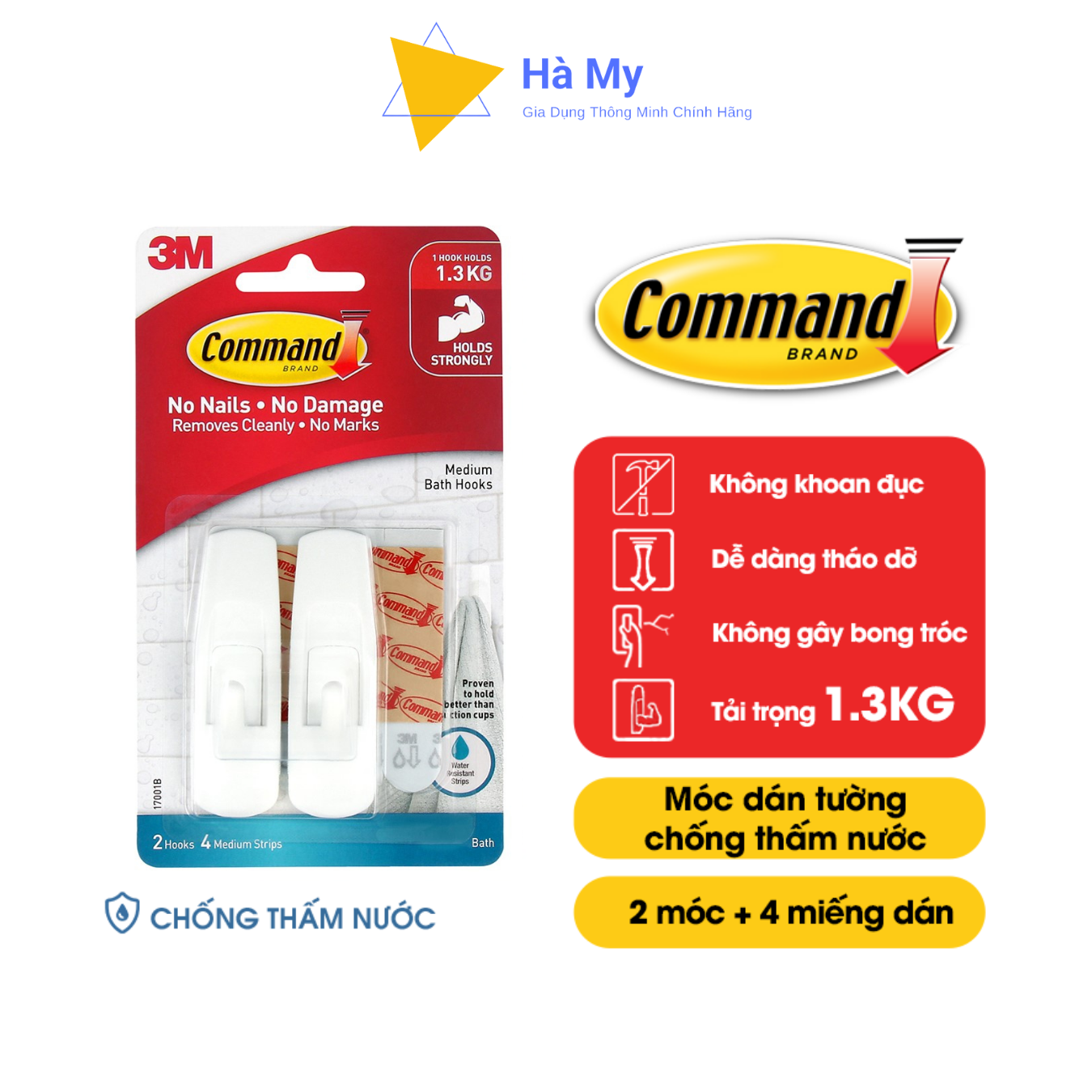 Móc Treo Nhà Tắm Chống Thấm Nước ,Dán Tường Đa Năng 3M Command 17001 Vỉ 2 Cái Siêu Dính 1,3KG,Dùng Treo Quần Áo,Túi Sách