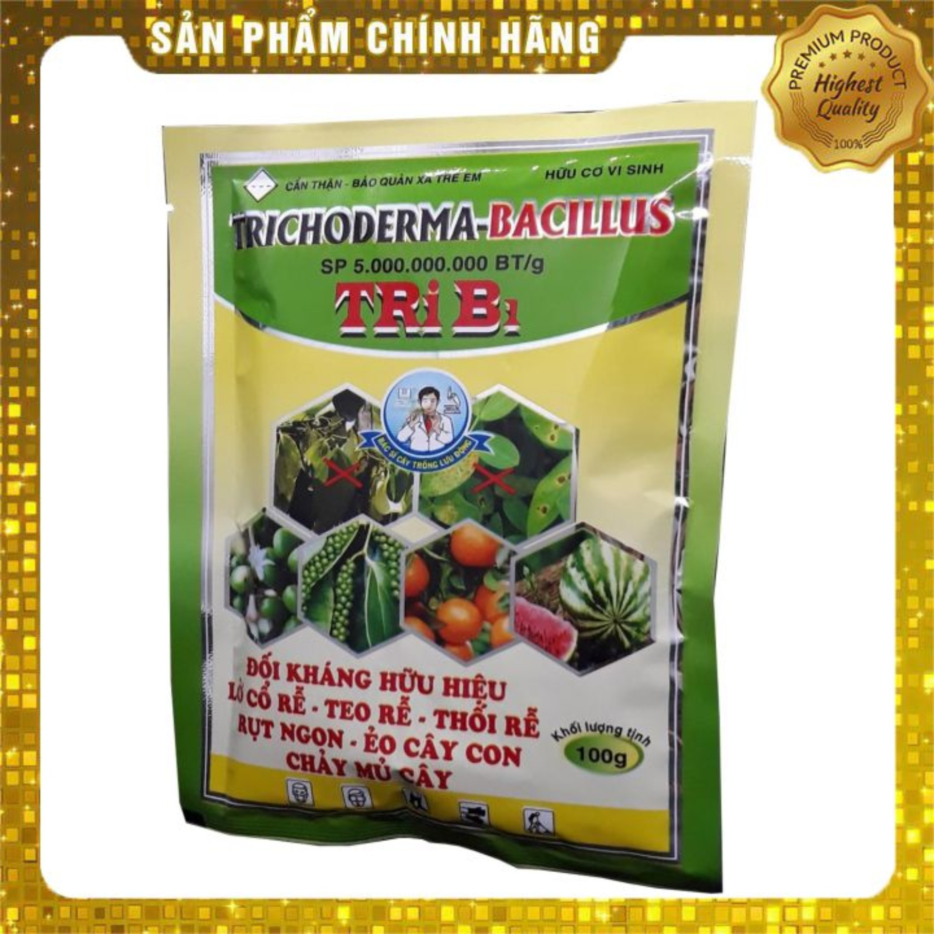 Hữu cơ vi sinh TRICHODERMA- BACILLUS TRI B1 (100g) đối kháng hữu hiệu lở cổ rễ, teo rễ, rụt ngọn, chảy mủ cây. Siêu rẻ
