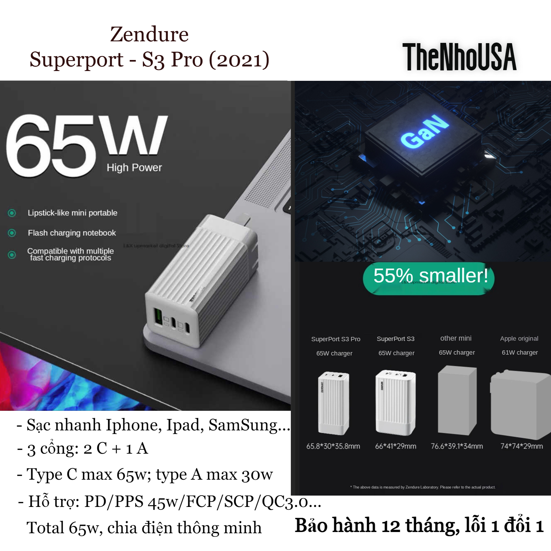 Sạc nhanh Zendure Superport S3 Pro - 65w [2 Type C + 1 Type A] - BH 12 Tháng