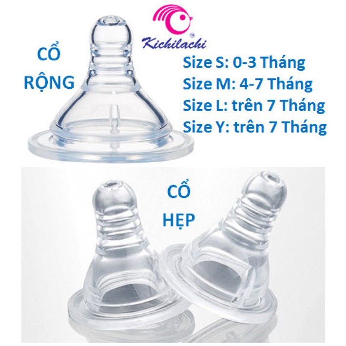 (Đơn 29K Freeship 15K) Núm Ty, Núm Vú Silicon Siêu Mềm Kichilachi Kichi (Size S, M, L, Y) (Cổ Hẹp / Cổ Rộng) - Sử Dụng Được Cho Hầu Hết Bình Sữa NAM5