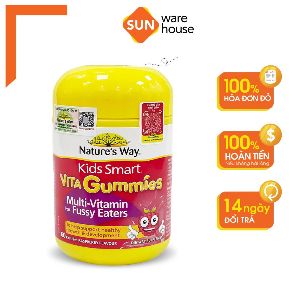 Kẹo Dẻo Cho Bé Nature's Way Kids Smart Vita Gummies Multi Vitamin for Fussy Eaters Kích Thích Ăn Ngon 60 Viên Sunware House