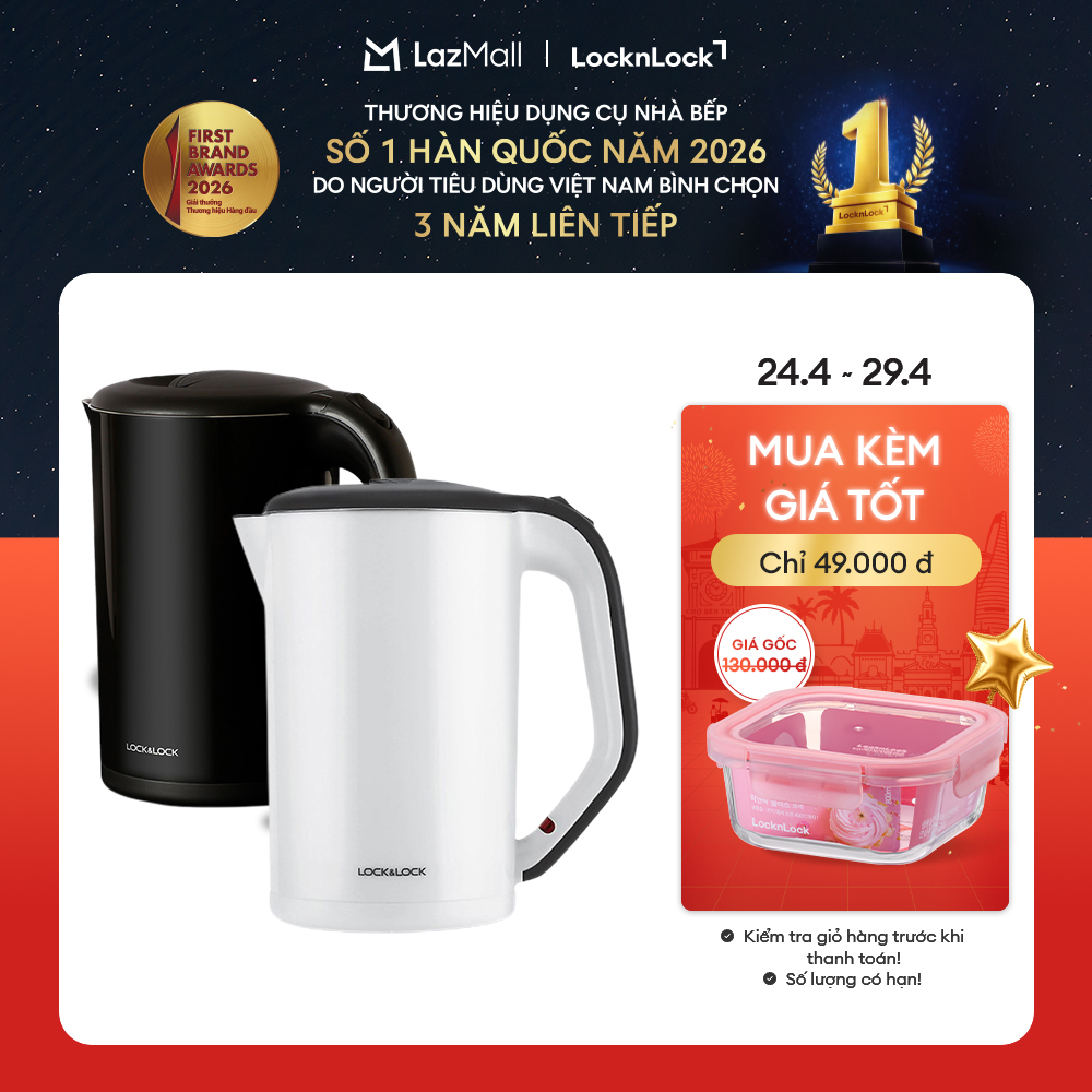 EJK738 - Bình đun nước siêu tốc LockLock Trắng/Đen 1.7L 1800W Thân ấm 2 lớp cách nhiệt - Hàng chính hãng - Bảo hành 2 năm