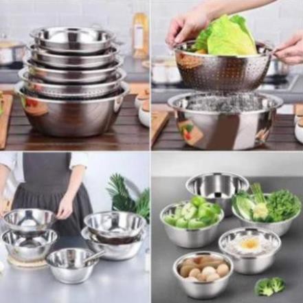 BỘ 5 CÁI THAU RỔ INOX NHÀ BẾP CAO CẤP - BỘ THAU RỔ INOX NHIỀU KÍCH CỠ THÔNG MINH - BỘ 5 RỔ KÈM THAU ĐA NĂNG DÀNH CHO NHÀ BẾP
