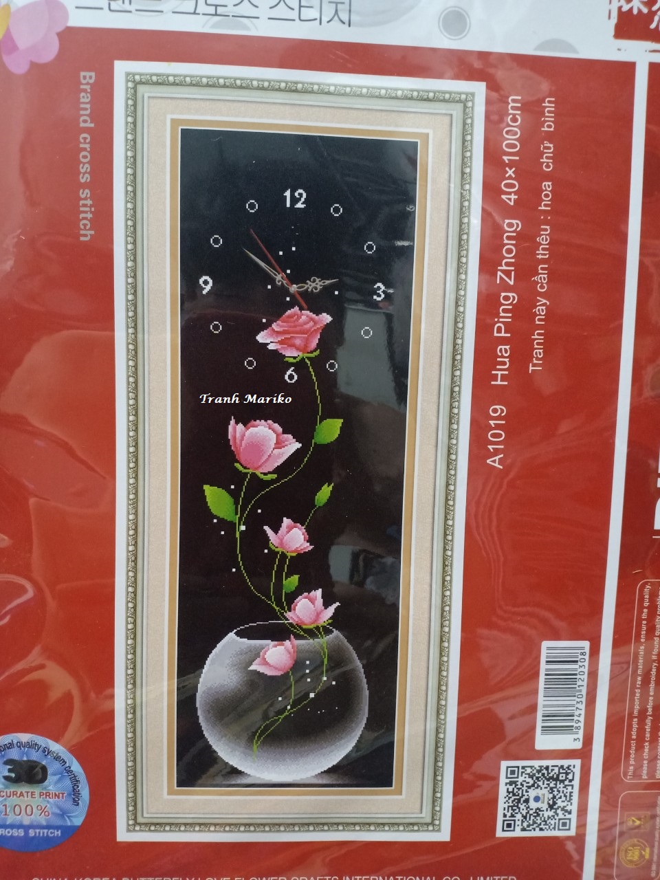 Tranh thêu đồng hồ hoa hồng a1019 kích thước 40 x 100cm tranh mariko