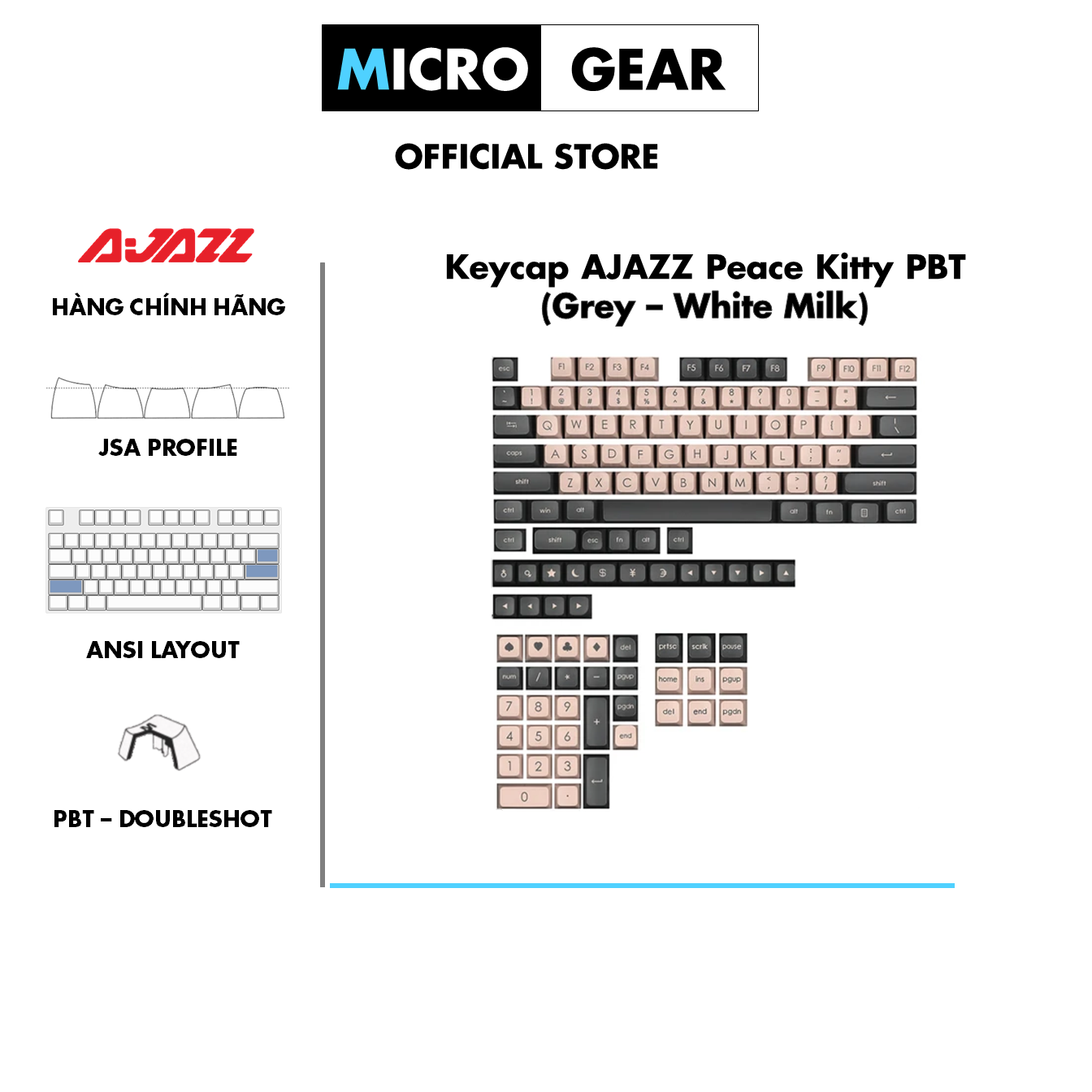 Bộ Keycap Ajazz Peace Kitty 129 phím (Chất liệu PBT / DoubleShot /JSA Profile/ ANSI Layout )