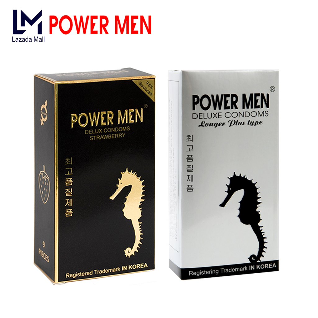 Combo 2 hộp bao cao su gân gai powermen hương dâu + bcs power men cá xám, chống xuất tinh sớm hộp 12 chiếc
