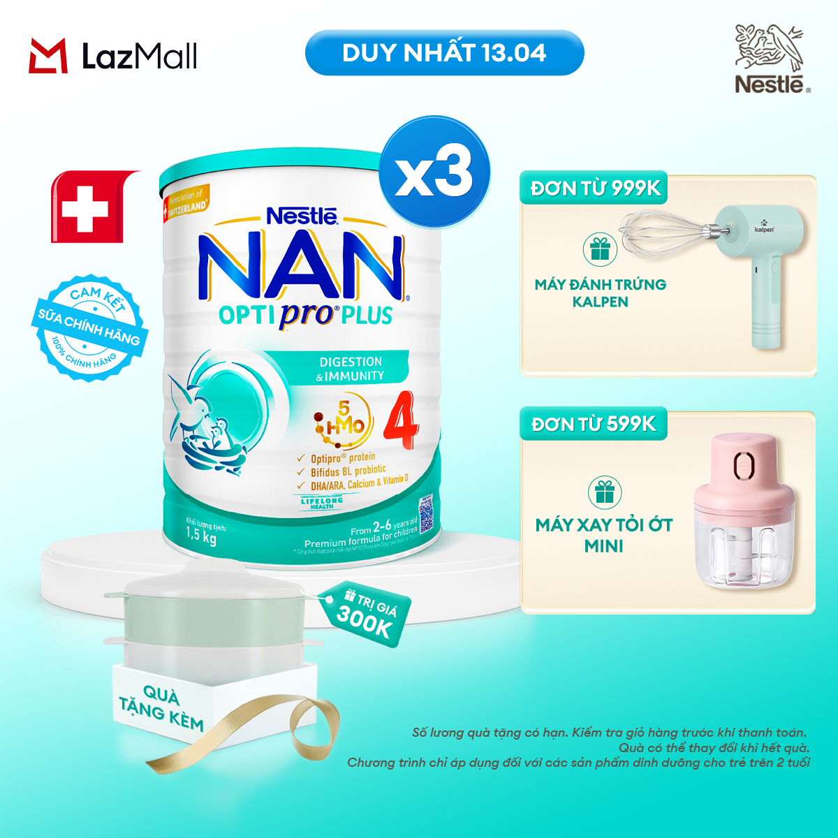 [CHỈ 13.04 QT Đơn 599K/999K] [Tặng Bộ xửng hấp] Bộ 2 Lon Sữa bột Nestlé NAN OPTIPRO PLUS 4 với 5HMO xuất xứ Thụy Sĩ  - Hộp 800g cho bé từ 2 - 6 tuổi - Sữa công thức dinh dưỡng cho trẻ giúp hỗ trợ tiêu hóa, đề kháng, trí não và phát triển toàn diện