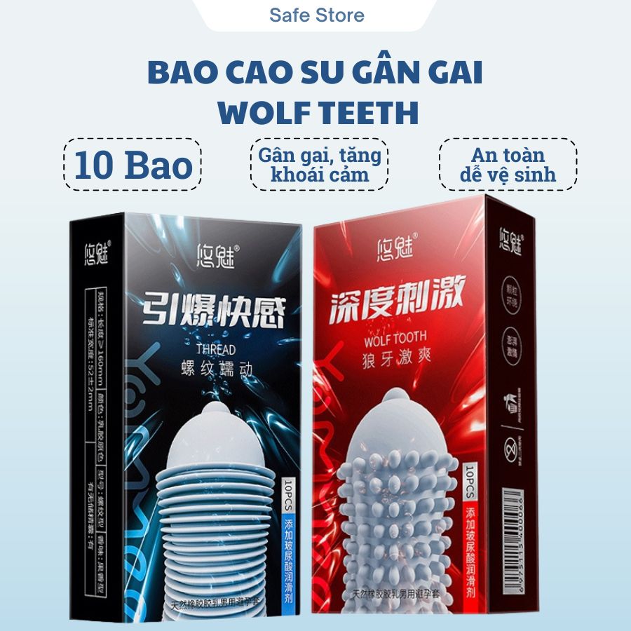 Bao cao su gai Wolf Tooth, bcs gân gai siêu mỏng, bcs có gai kéo dài thời gian quan hệ hộp 10 bao