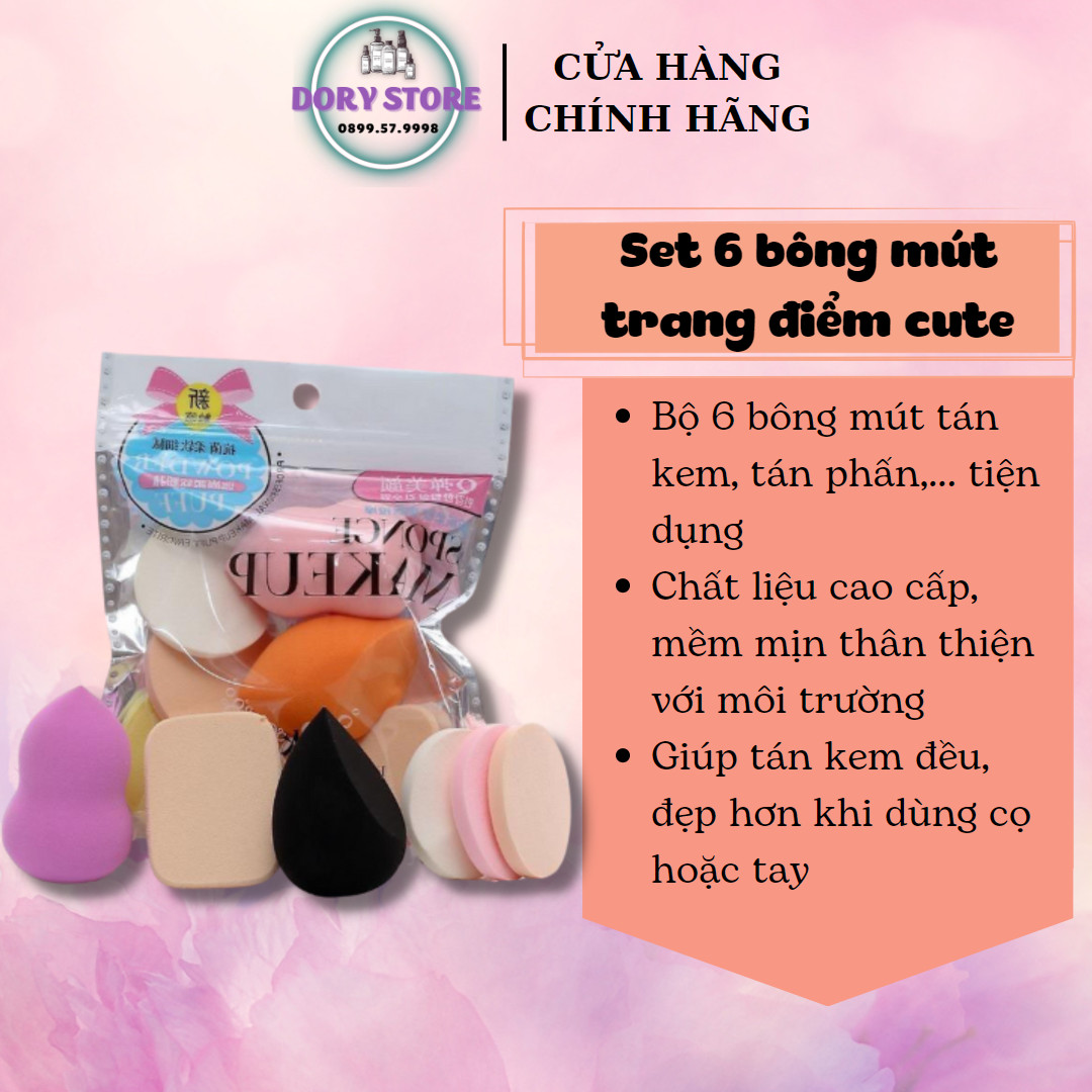 Bông mút trang điểm tán phấn loại mịn, mút trang điểm sét 6 miếng đủ cỡ , bông mút trang điểm siêu xinh giá rẻ , mút tán phấn trang điểm