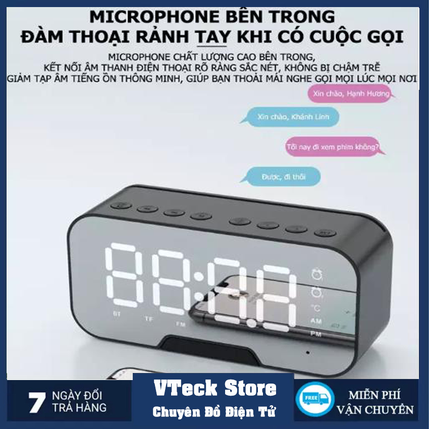 Loa bluetooth không dây màn hình led kiêm đồng hồ báo thức, làm đèn ngủ, đo nhiệt độ phòng với mặt kính tráng gương, pin trâu hỗ trợ dây AUX và thẻ nhớ