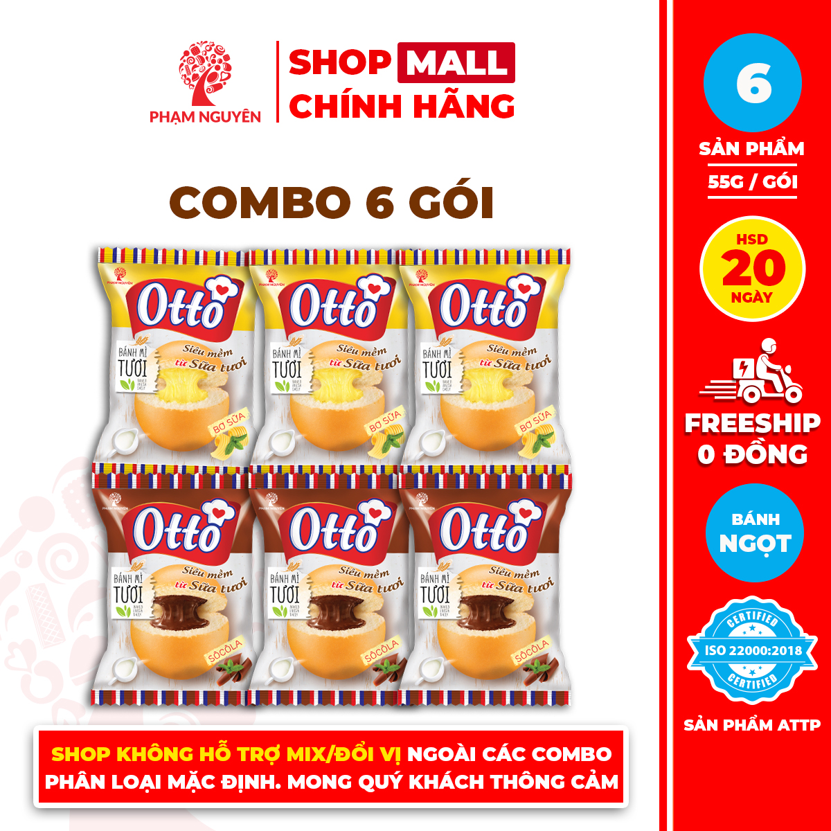 Combo 6 Gói Bánh Mì Tươi Otto Nhân Kem 55g | Bánh ăn sáng | Bánh mì tươi