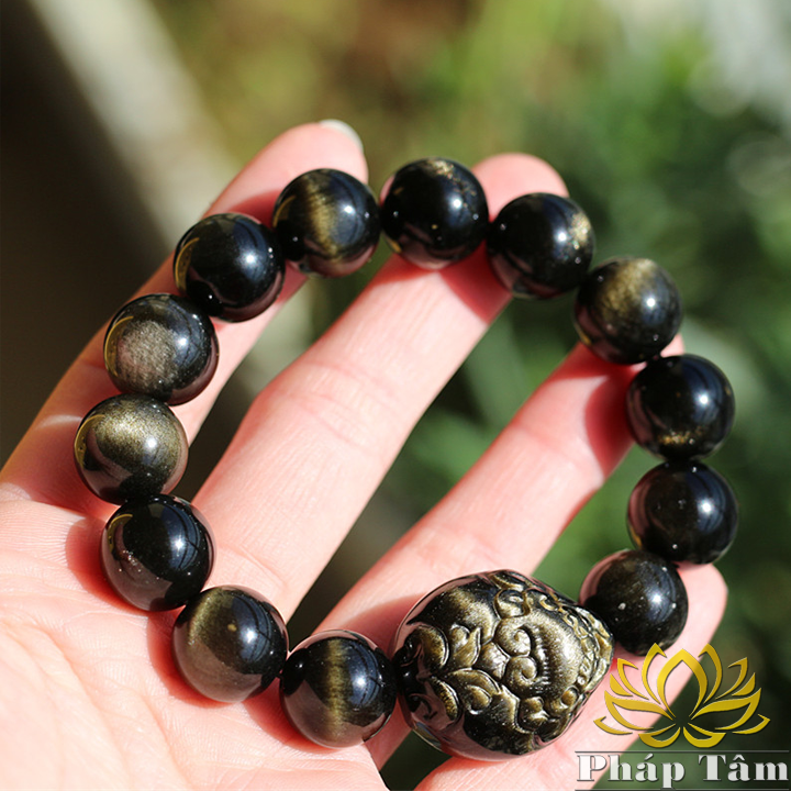 Vòng Tay Phong Thủy Đá Núi Lửa Obsidian Màu Vàng Đen Cao Cấp Mix Hỏa Kỳ Lân - Pháp Tâm