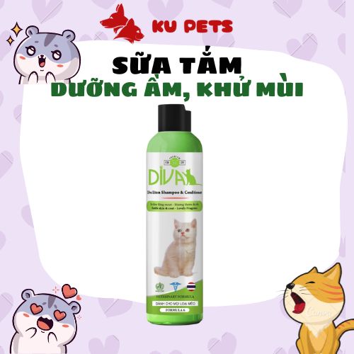Sữa tắm dưỡng lông khử mùi Diva hồng xanh vàng cho chó mèo 260ml 400ml