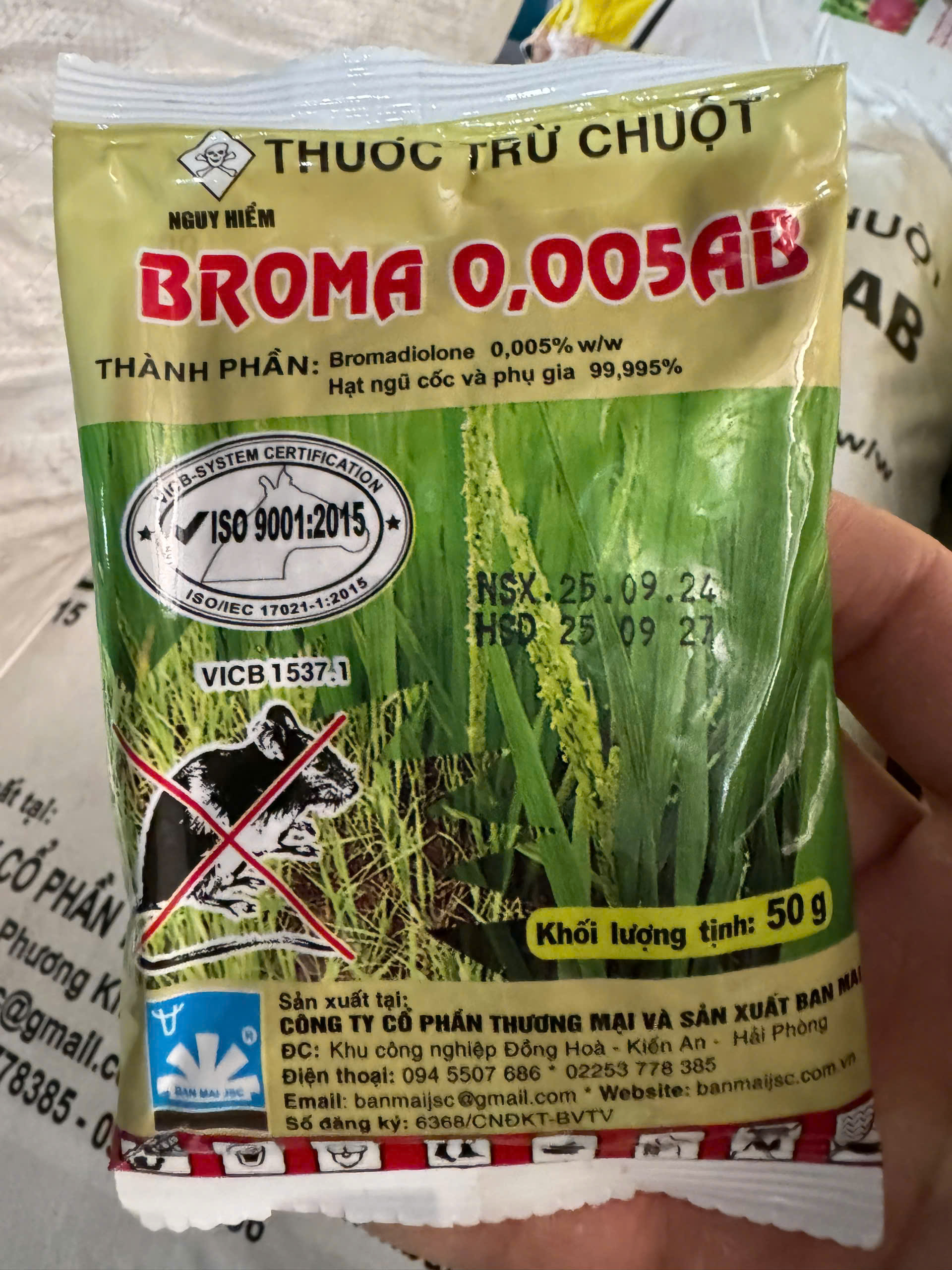 Thuốc diệt chuột sinh học thế hệ mới Broma 0,005 AB (50gr) Mồi thóc trộn sẵn