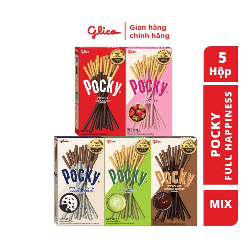 Combo 5 Hộp Mix Vị Bánh Que Phủ Kem Glico Pocky 5 Hộp - 1 Socola 1 Dâu 1