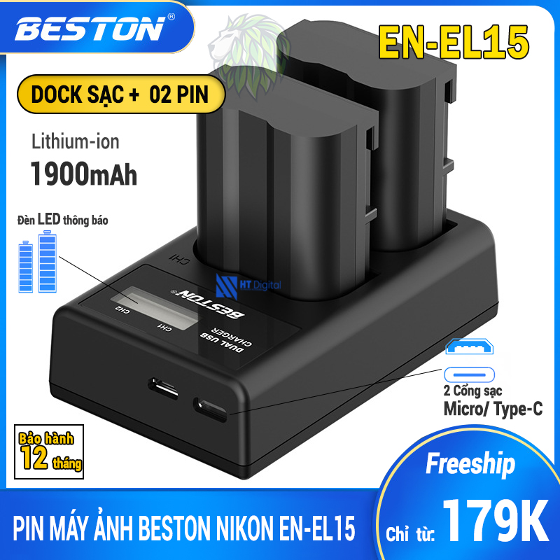 Bộ 2 pin + sạc đôi beston en-el15 cho nikon d7200 d800 d800e d810 d850