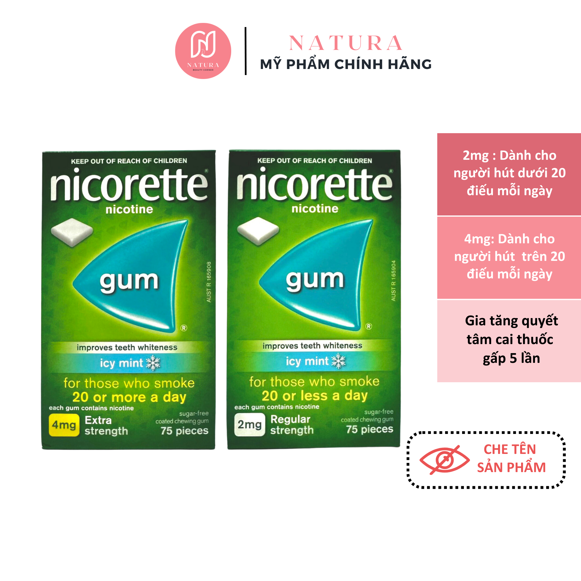 Kẹo cao su cai thuốc lá Nicorette Nicotine Gum Icy Mint 2mg và 4mg hộp 75