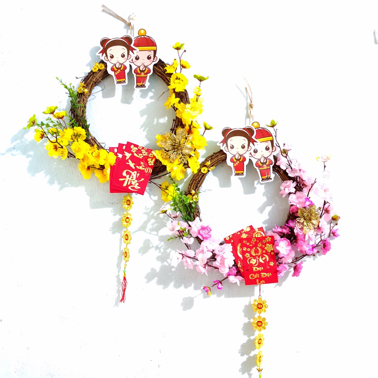 Vòng hoa mai hoa đào trang trí tết h02 size 35cm