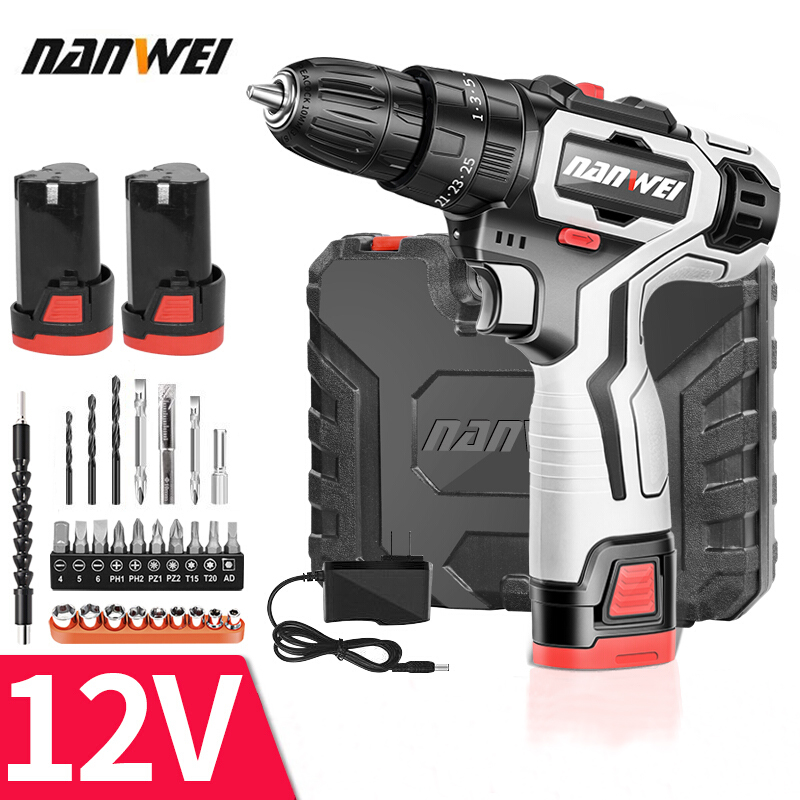 Máy khoan pin NANWEI 12V D000112V, máy khoan bắt vít cầm tay dùng pin sạc, 2 pin Li-Ion chất lượng cao, đèn led chiếu sáng, có thể điều chỉnh 25 tốc độ, tặng kèm bộ đồ nghề