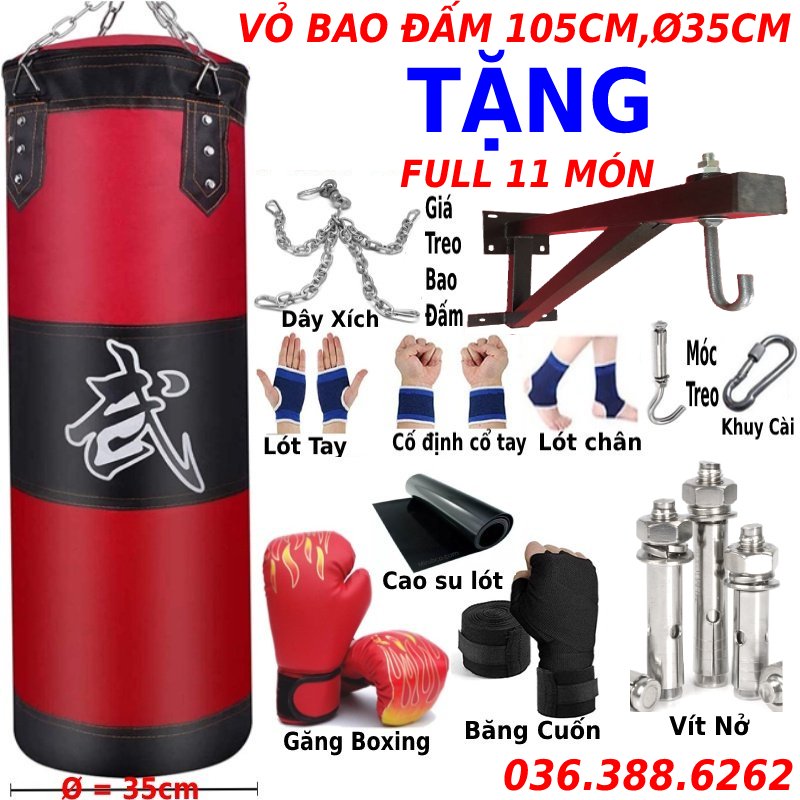 Vỏ Bao Cát Đấm Bốc Tập Võ Boxing MMA Dài 105cm hoặc 60cm Đường Kính 35cm hoặc 23cm + dây xích + khuy cài + vít nở - Dụng cụ võ thuật cao cấp dành cho phòng tập, cá nhân