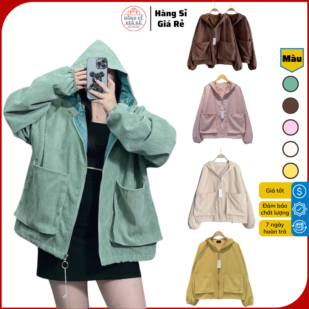 Áo khoác Basic Nhung Gân form rộng cực đẹp Kiểu Túi Hộp Lớn Nón Rộng Chống Nắng 01