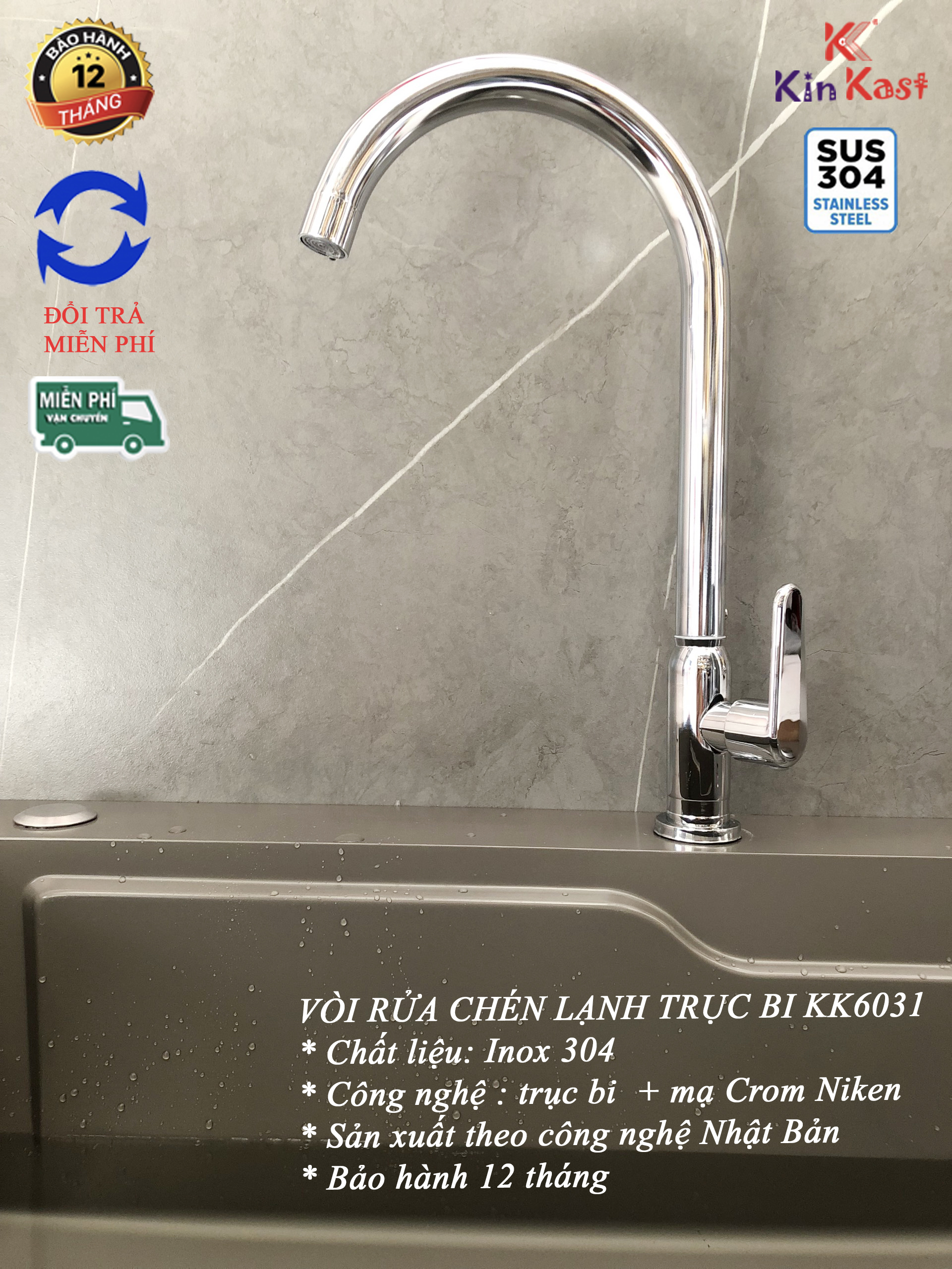 Vòi rửa chén bi xoay inox 304 kk6031+vòi rửa chén bát mạ crom+ vòi rửa nhà bếp 1 đường nước lạnh