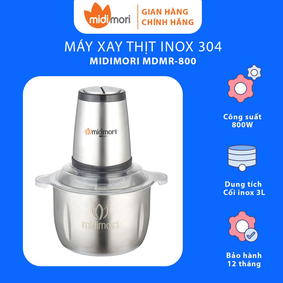 Máy xay thịt đa năng cối inox 3 lít midimori mdmr-800 - hàng chính hãng