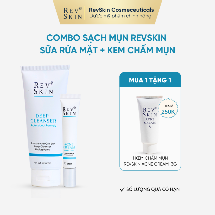 Combo sạch mụn revskin - sữa rửa mặt + kem chấm mụn