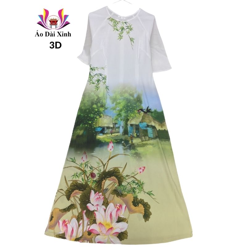 Áo dài truyền thống in 3D lụa Nhật cổ tròn tay lỡ màu trắng trúc sen.
