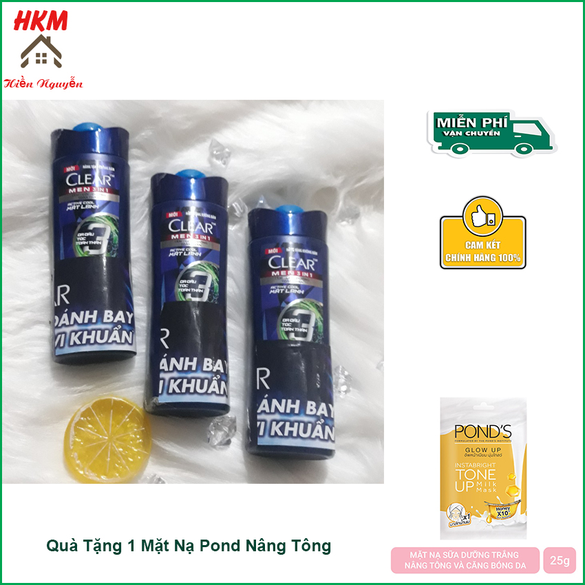 [Freeship + Tặng quà 12K] Combo 3 chai Dầu Gội Clear Men 3 in 1 140g (420g) HKM Hiền Nguyễn Tặng 1 mặt Nạ Pond 12K