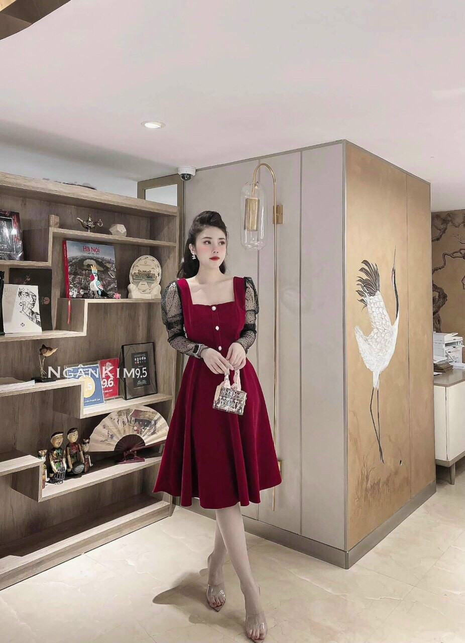 Đầm dự tiệc đầm kate phối lưới xòe tay dài cổ vuông đính nút xinh xắn