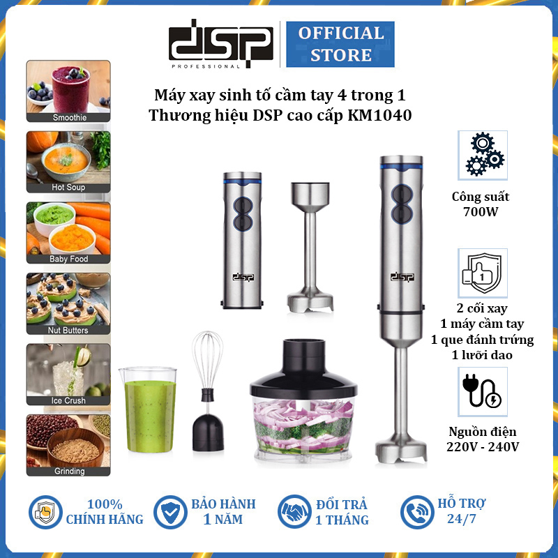Máy xay sinh tố cầm tay 4 trong 1 inox dsp km1040 - 2 cối xay dung tích 500-700ml - công suất 700w - hàng nhập khẩu chính hãng