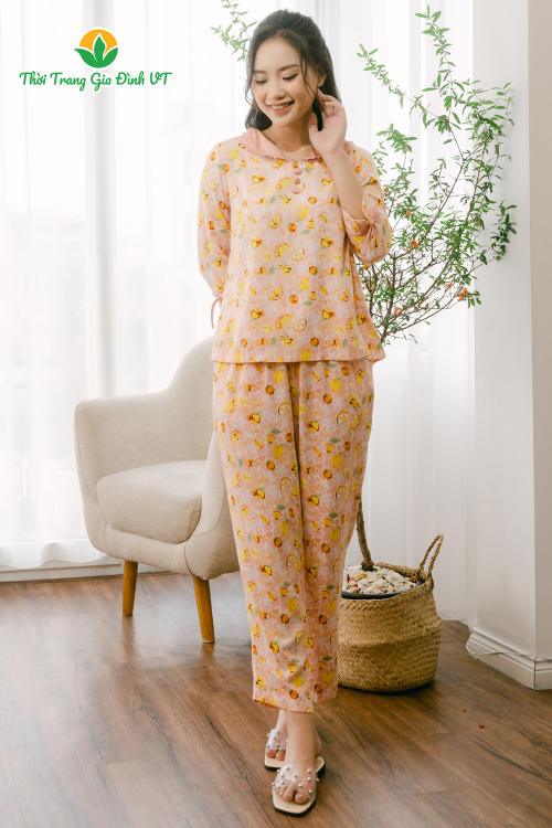 Bộ quần áo pijama nữ thu đông Việt Thắng, quần dài, áo dài tay, chất Lanh - B09.2117