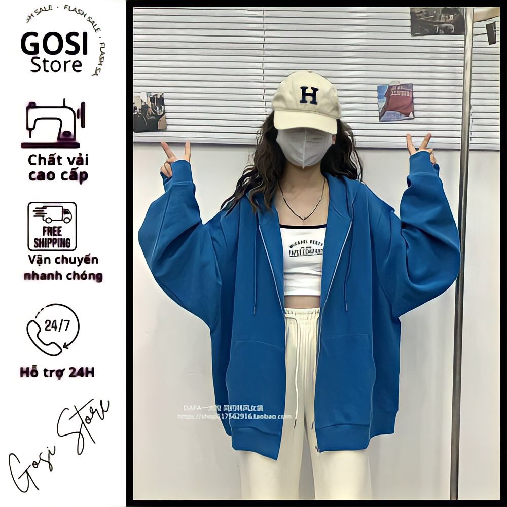 Áo khoác hoodie nữ dây kéo thêu logo màu xanh Basic dễ thương hàn quốc đẹp Gosi tay phồng nón 2 lớp trùm đầu dây rút màu xanh đen, xanh dương, xanh rêu, kem